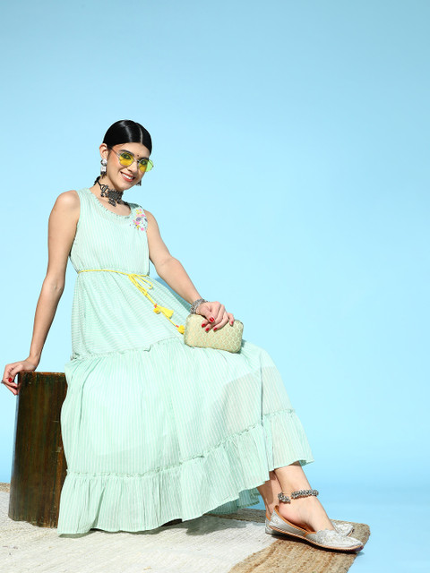 

ZOLA Green Striped A-Line Midi Dress with Slip