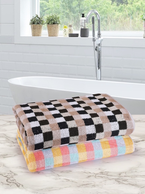 

ROMEE Set Of 2 Brown & Yellow Checked Pure Cotton 500 GSM Bath Towels