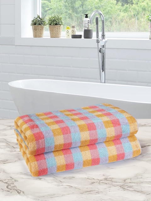 

ROMEE Set Of 2 Beige & Blue Checked 500 GSM Pure Cotton Bath Towels
