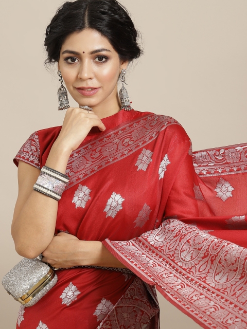 

SIRIL Red & Silver-Toned Ethnic Motifs Zari Kanjeevaram Saree