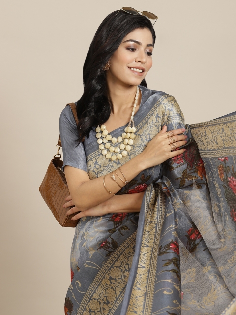 

SIRIL Grey Floral Art Silk Khadi Saree