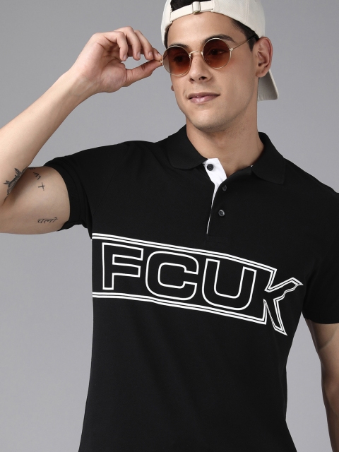 

French Connection Men Black Brand Logo Printed Polo Collar Pure Cotton Slim Fit T-shirt
