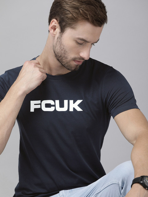 

French Connection Men Navy Blue Brand Logo Printed Pure Cotton Slim Fit T-shirt