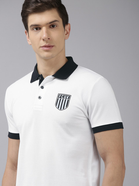 

French Connection Men White Brand Logo Printed Polo Collar Pure Cotton Slim Fit T-shirt