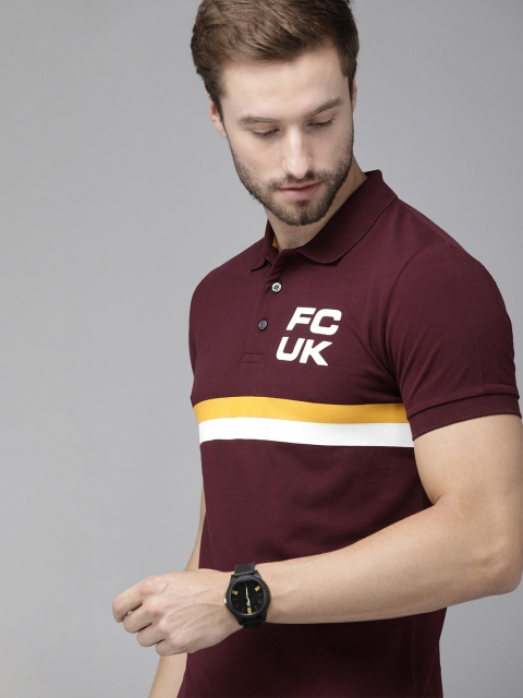 

French Connection Men Burgundy Printed Polo Collar Pure Cotton Slim Fit T-shirt