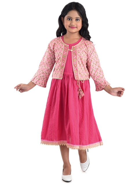 

Kinder Kids Pink Striped Midi Flared Dress With Shrug
