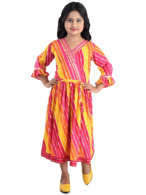 

Kinder Kids Pink & Yellow Leheriya Cotton Midi Dress