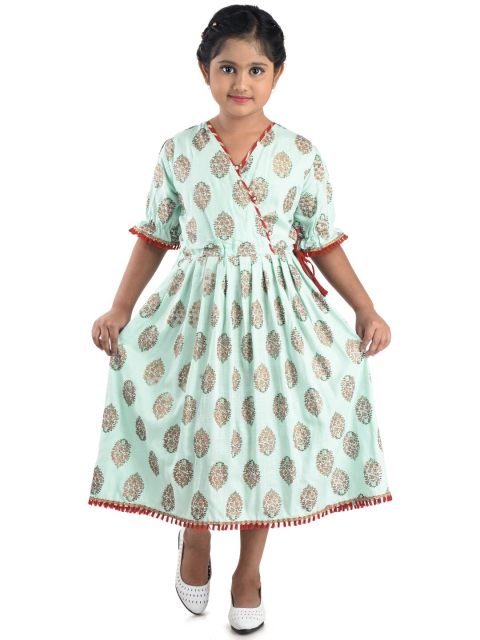 

Kinder Kids Girls Blue Ethnic Motifs Printed Empire Cotton Midi Dress