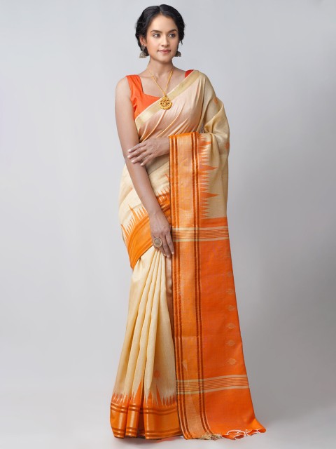 

Unnati Silks Brown & Orange Woven Design Bengal Linen Saree