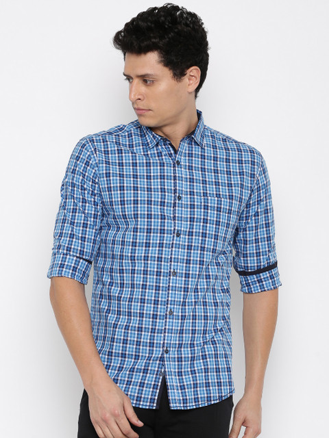 

British Club Men Blue & White Slim Fit Checked Casual Shirt