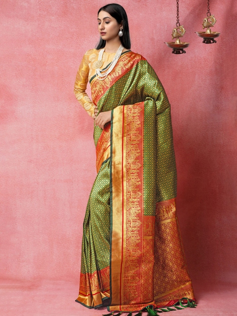 

Unnati Silks Green & Red Woven Design Arani Kanjivaram Silk Cotton Saree