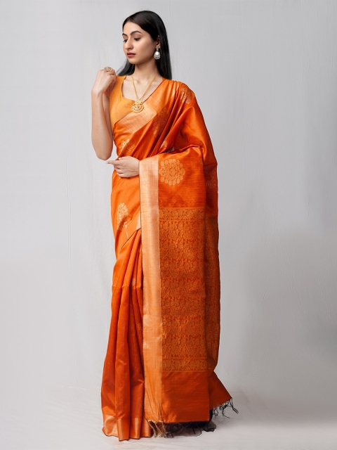 

Unnati Silks Orange Woven Design Bengal Linen Saree