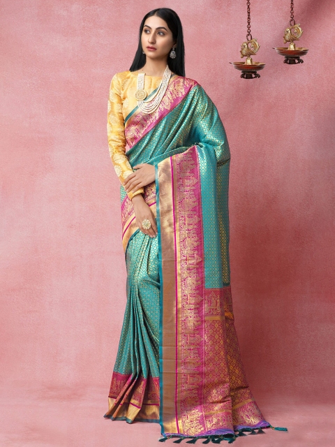 

Unnati Silks Blue & Pink Woven Design Arani Kanjivaram Silk Cotton Saree