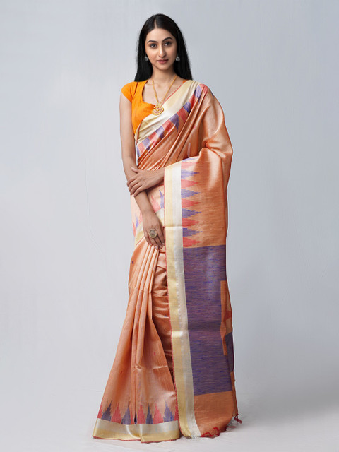 

Unnati Silks Peach-Coloured Woven Design Bengal Linen Saree
