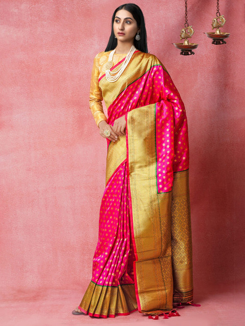 

Unnati Silks Pink & Gold-Toned Woven Design Arani Kanjivaram Silk Cotton Saree