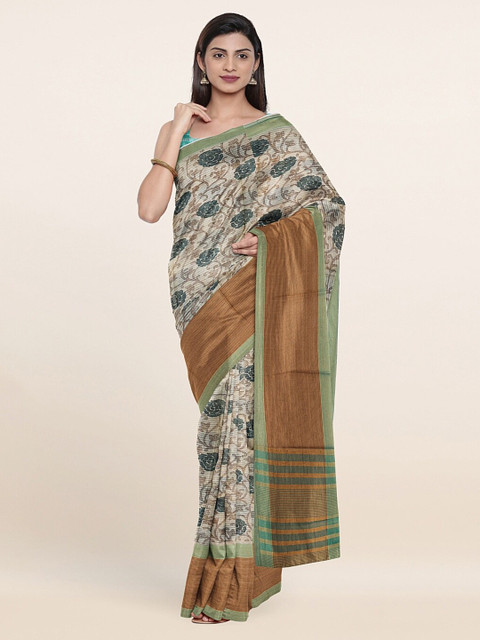 

Pothys Cream-Coloured & Green Floral Saree