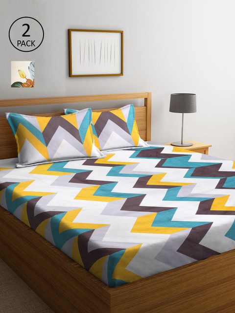 

KLOTTHE Pack of 2 Yellow & Green Geometric 210 TC King Bedsheet with 4 Pillow Covers