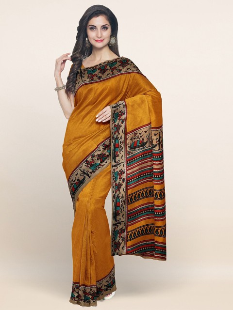 

Pothys Mustard Yellow & Green Printed Border Saree