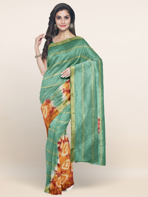 

Pothys Green & Gold-Toned Tie and Dye Zari Pure Cotton Saree