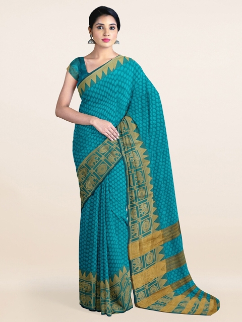 

Pothys Teal Blue & Gold-Toned Ethnic Motifs Saree