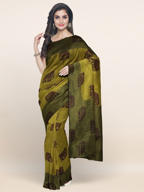 

Pothys Olive Green & Red Ethnic Motifs Printed Saree
