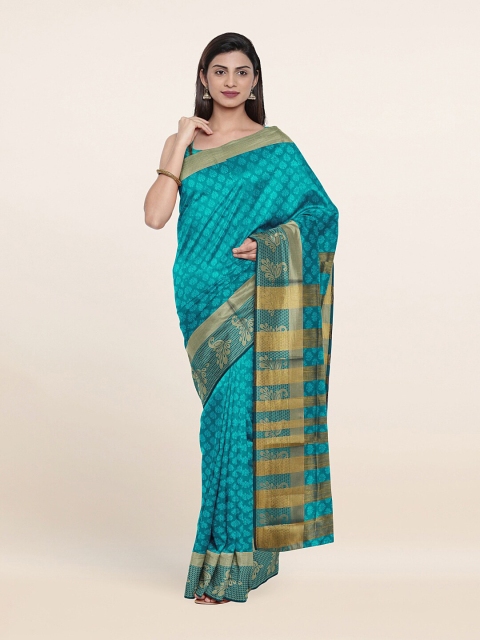 

Pothys Green & Gold-Toned Woven Design Zari Cotton Blend Saree