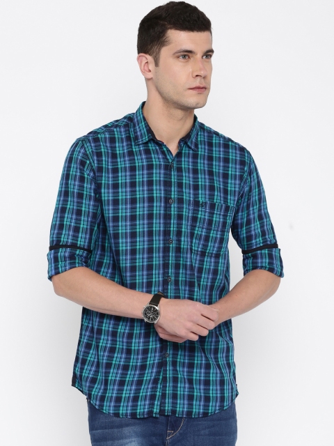 

Nature Casuals Navy Blue & Green Slim Fit Checked Casual Shirt