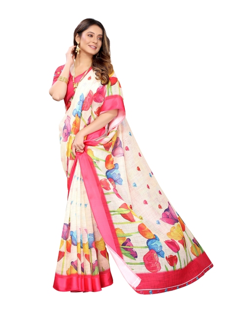 

Viva N Diva Cream-Coloured & Pink Floral Silk Blend Kanjeevaram Saree