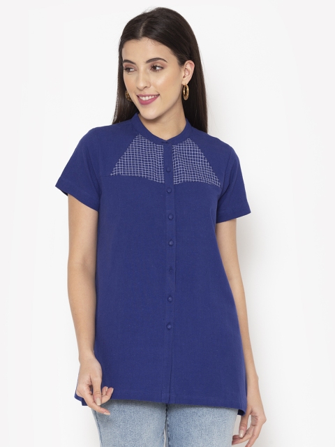 

Ekmatra Blue Checked Mandarin Collar Pure Cotton Shirt Style Top