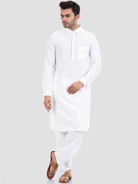 

Ethnicity Men White Self Design Kurta with Pyjamas