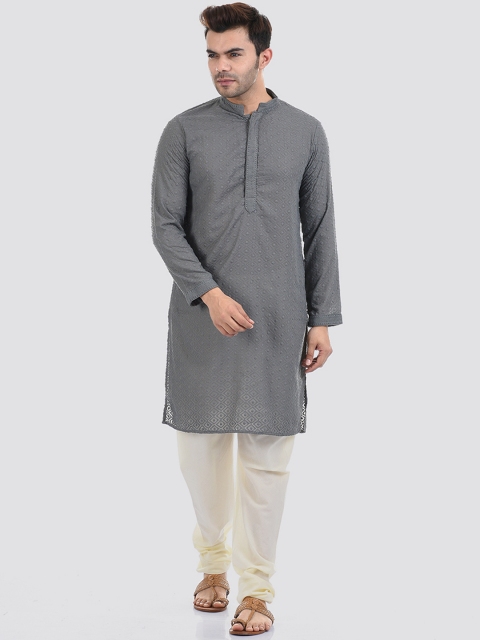 

Ethnicity Men Grey Self Design Kurta with Churidar