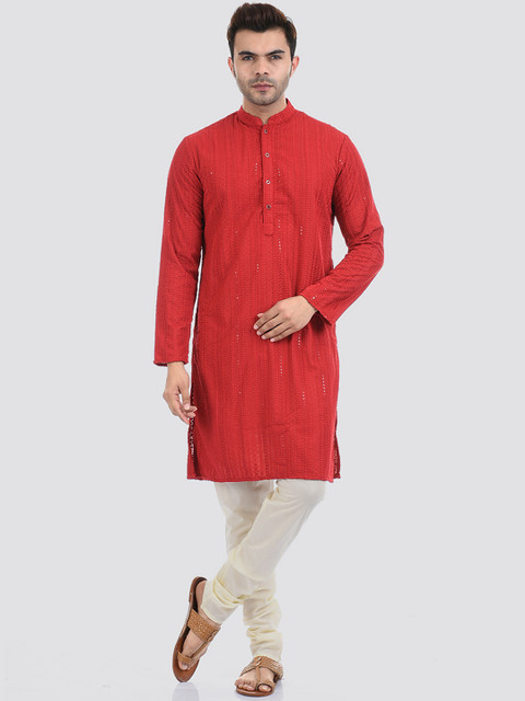 

Ethnicity Men Red & Cream Embroidered Kurta with Churidar
