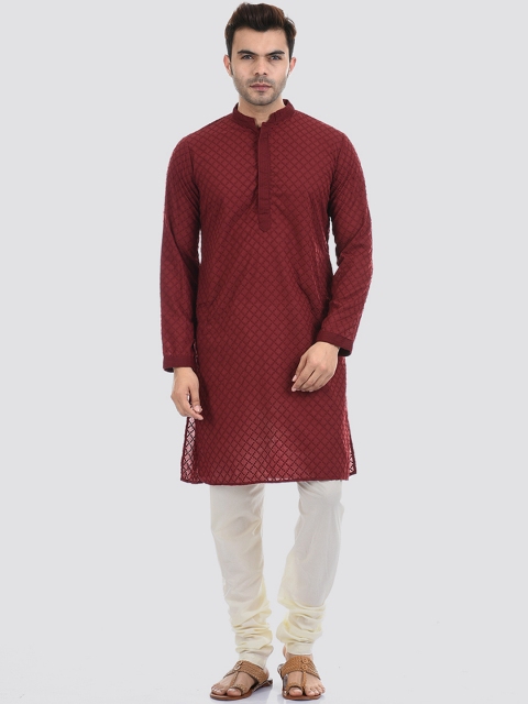 

Ethnicity Men Maroon & Cream-Coloured Floral Embroidered Kurta With Pyjamas