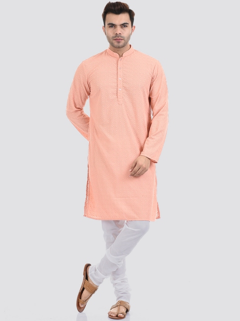 

Ethnicity Men Peach-Coloured & White Ethnic Motifs Embroidered Kurta with Churidar