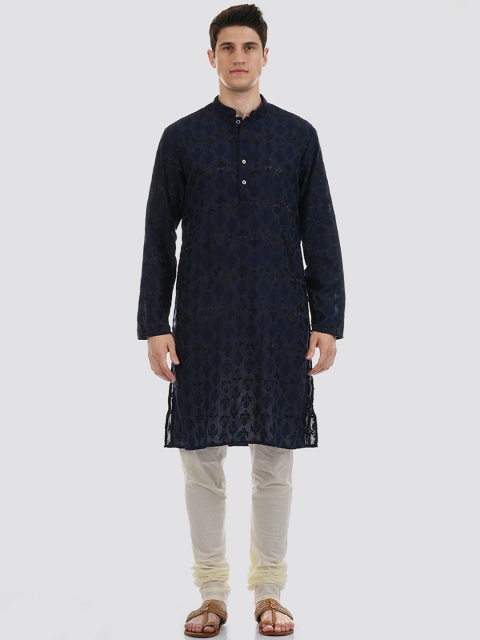 

Ethnicity Men Navy Blue Self Design Pleated Kurta with Churidar