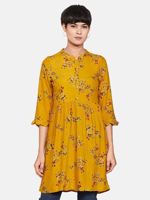 

IVOC Mustard Yellow Floral Printed Slim Fit Longline Top