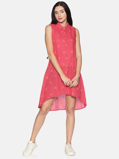 

Saffron Threads Coral & Yellow Checked A-Line Pure Cotton Shirt Dress With High Low Hem
