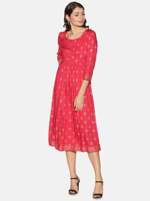 

Saffron Threads Pink Floral Ethnic Midi Dress