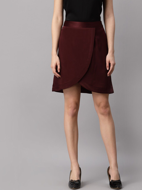

NEUDIS Women Burgundy Solid Satin Finish Wrap Mini Skirt