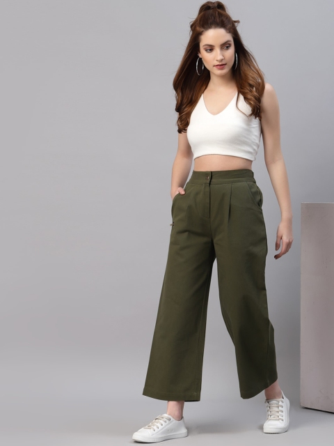 

NEUDIS Women Olive Green Cotton Twill Parallel Trousers