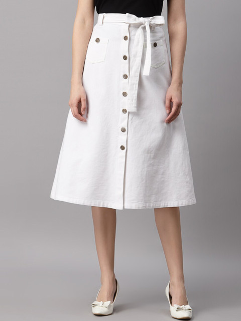 

NEUDIS Women White Cotton Twill Midi A-Line Skirt