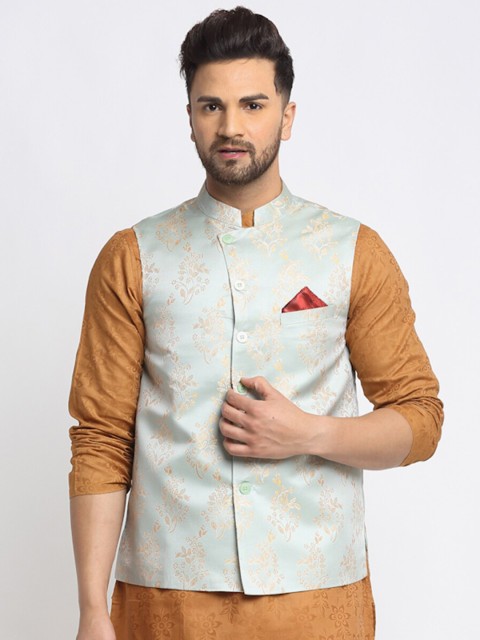 

NEUDIS Men Green Printed Woven Jacquard Nehru Jackets