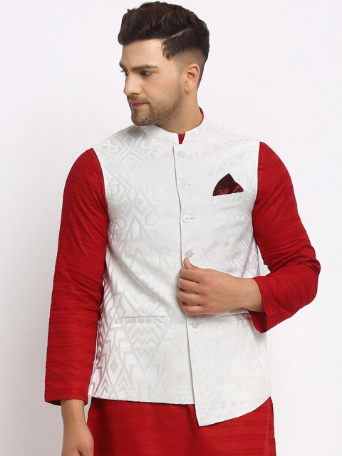 

NEUDIS Men White Woven Design Nehru Jackets