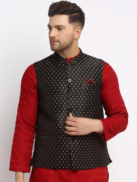 

NEUDIS Men Black Woven Design Silk Blend Nehru Jacket With Pocket Square