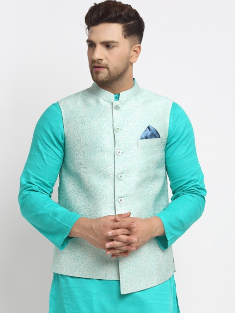 

NEUDIS Men Sea Green Woven Design Jacquard Silk Blend Woven Nehru Jacket