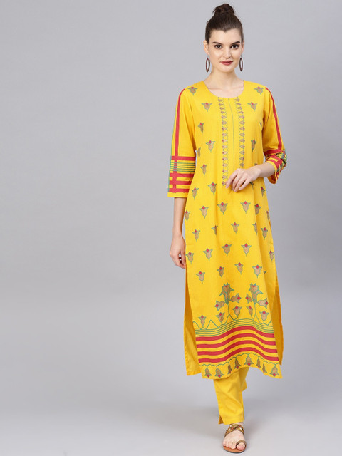 

Tulsattva Women Yellow Floral Printed Pure Cotton Kurta with Trousers