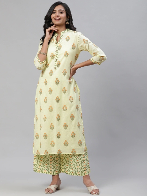 

Tulsattva Women Yellow Ethnic Motifs Printed Pure Cotton Kurta with Palazzos