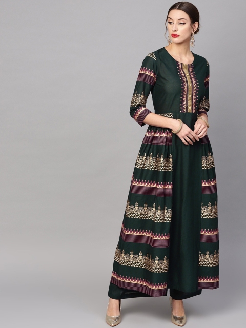 

Tulsattva Women Green Ethnic Motifs Printed Pure Cotton Kurta with Palazzos