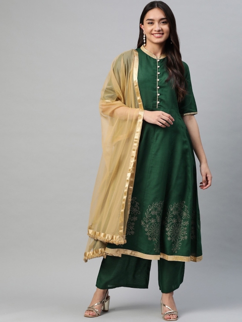 

Tulsattva Women Green Ethnic Motifs Pleated Pure Cotton Kurta with Trousers & With Dupatta