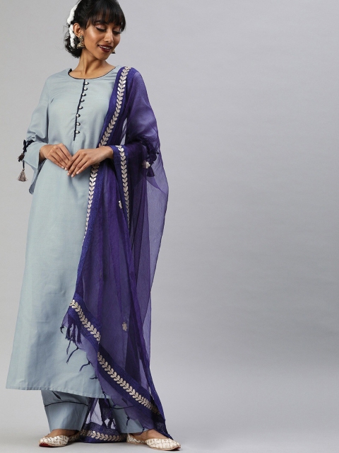 

Tulsattva Women Grey Layered Pure Cotton Kurta with Churidar & With Dupatta